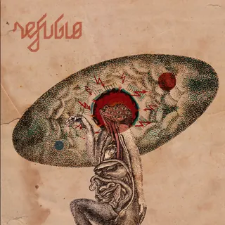 Portada de Cosmogonía: grabado anatómico de una figura con un cerebro abierto sobre papel envejecido.